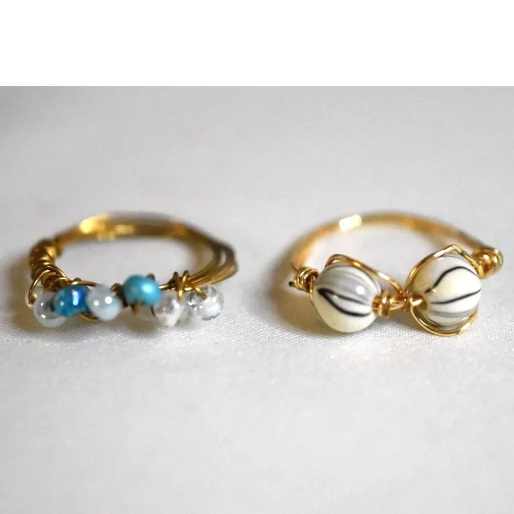 Two Intriguing Gold Tone Wire Wrap Beads/Stones Size 13 Y2K Hipster Casual Rings